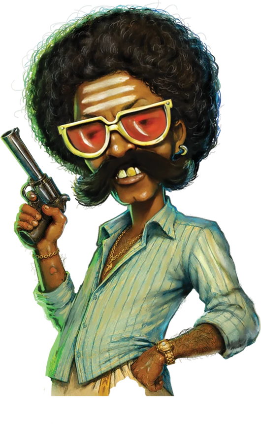 Curry Daddy, a character in red tinted glasses with an afro and a gold chain