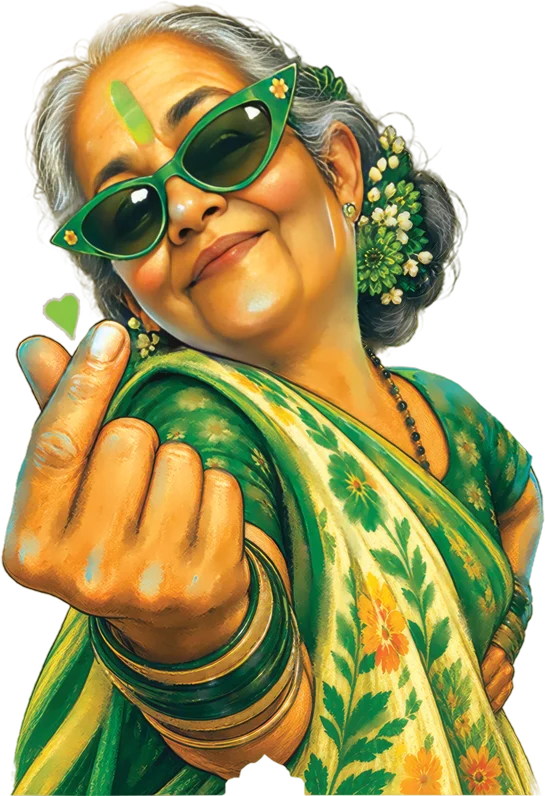 Ghas Phoos, an aunty in green sunglasses and a green saree making a finger heart
