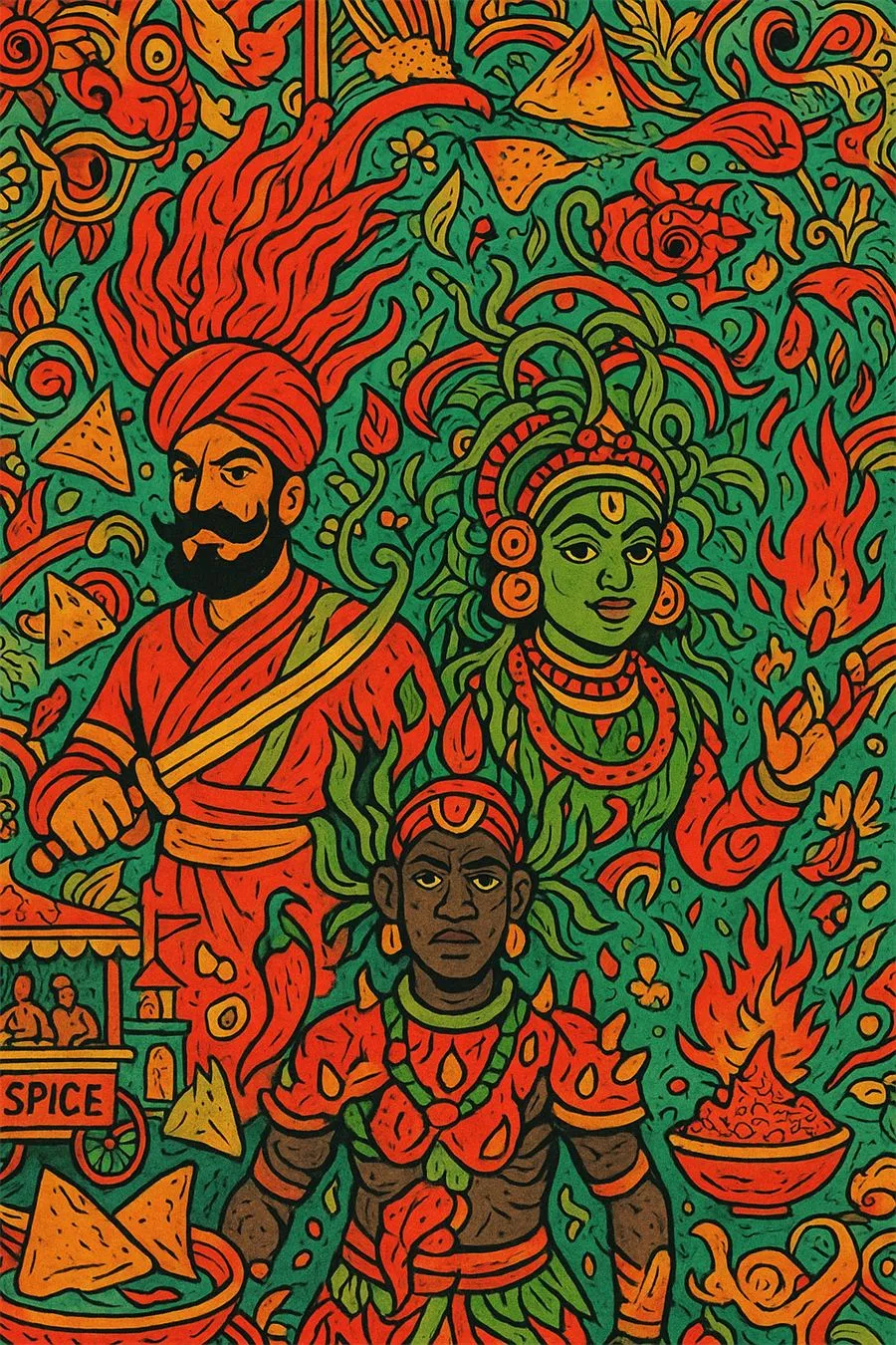 Illustrated poster of Indian folk heroes and street food in red, green and gold